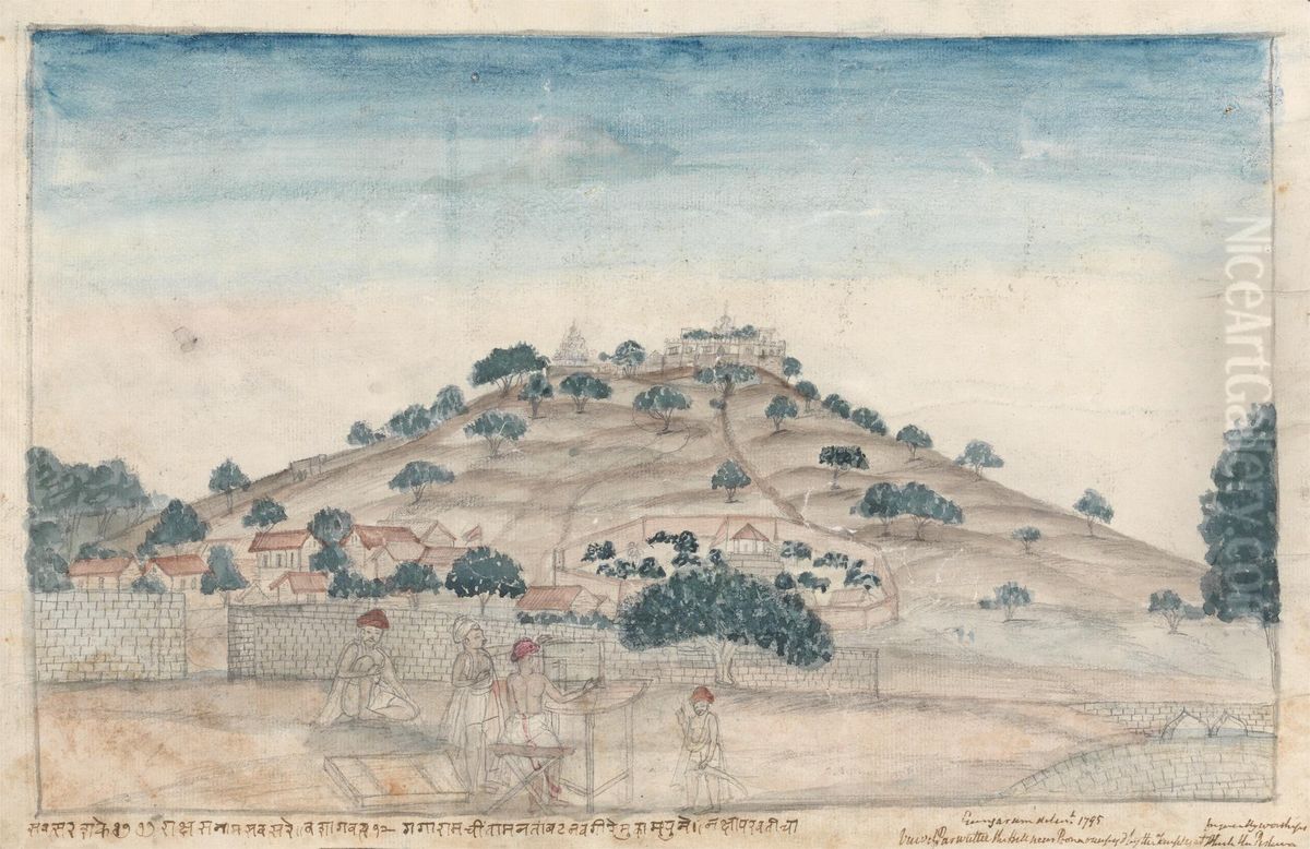 View of Parbati, a Hill near Poona Occupied by Temples Frequented by the Peshwa Oil Painting by Gangaram Chintaman Tambat