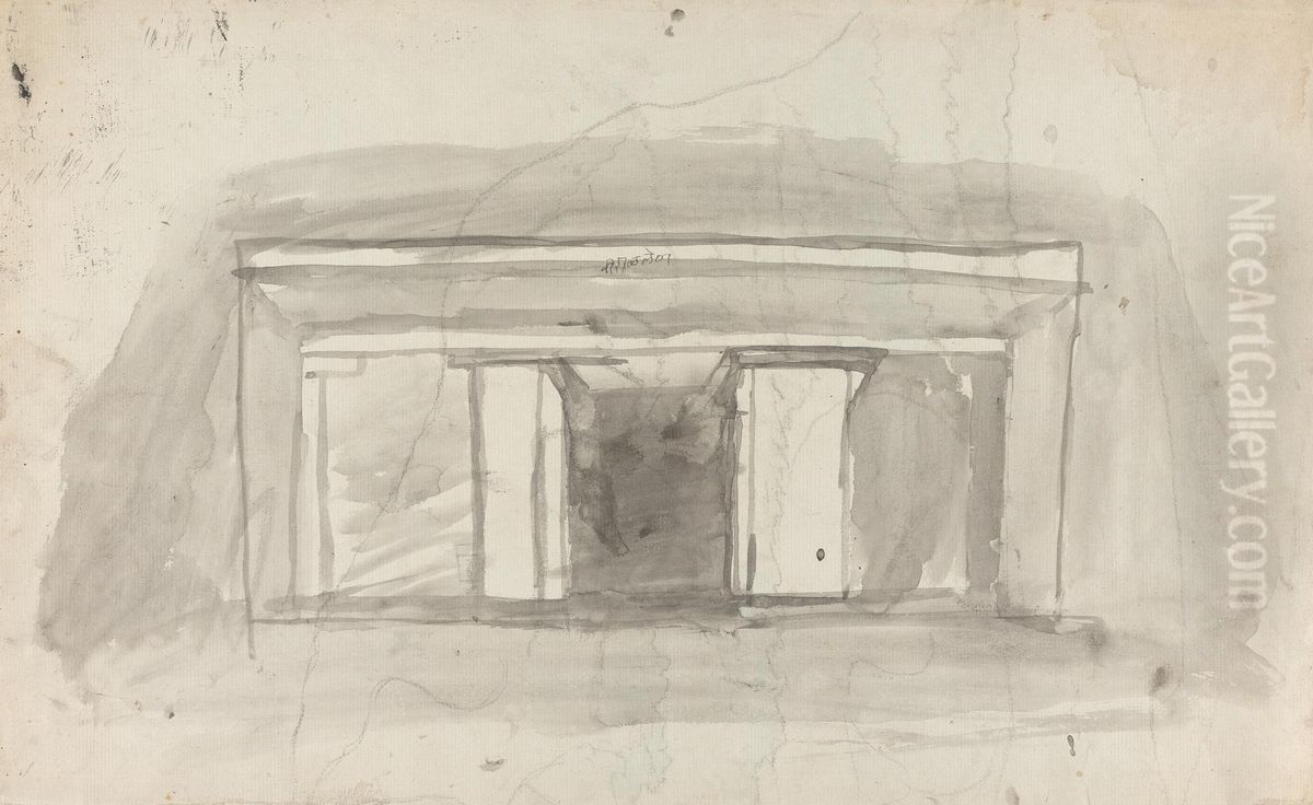 Sketch of the Valley and Village of Errole taken from Dookumba Oil Painting by Gangaram Chintaman Tambat