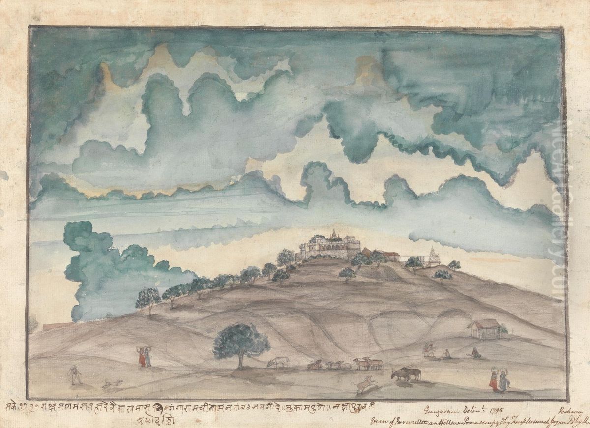 View of Parbati, a Hill near Poona Occupied by Temples frequented by the Peshwa Oil Painting by Gangaram Chintaman Tambat