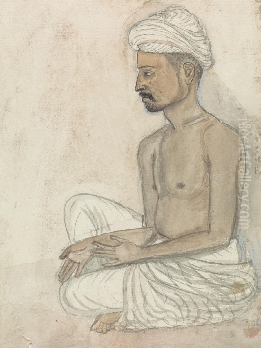 Barechested Man Sitting Crosslegged Oil Painting by Gangaram Chintaman Tambat