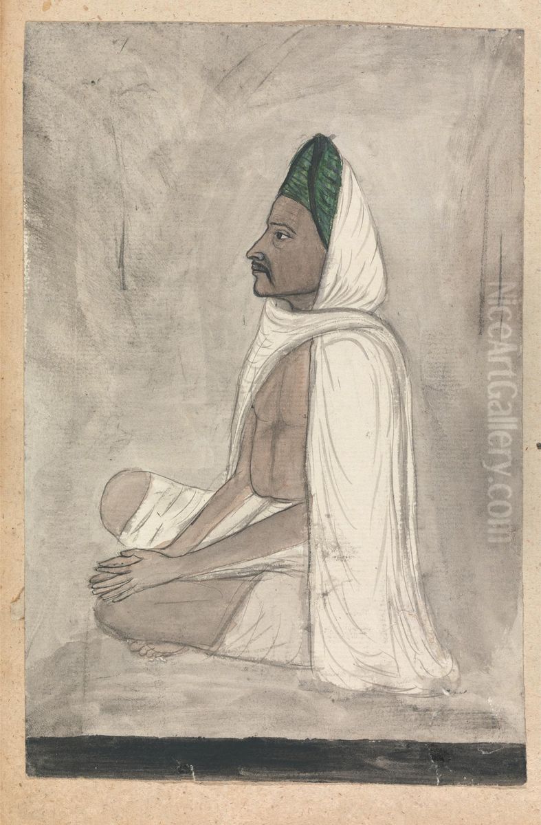 Man in a Green Turban Sitting Crosslegged Oil Painting by Gangaram Chintaman Tambat