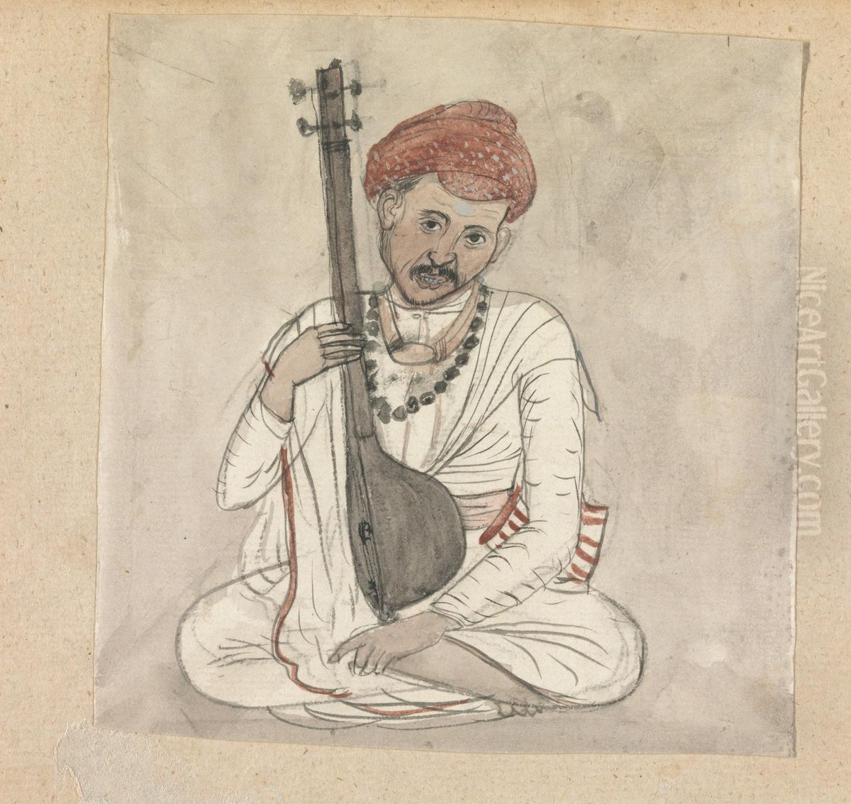 Man with a Stringed Instrument Oil Painting by Gangaram Chintaman Tambat