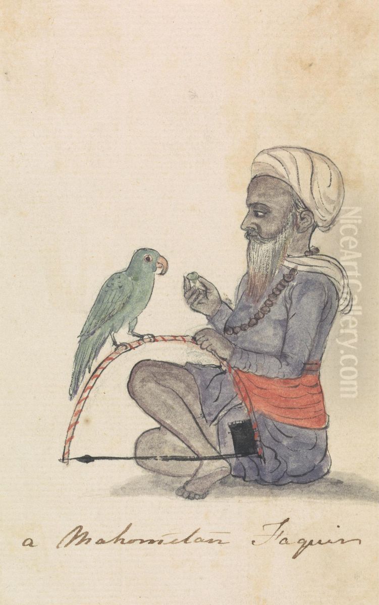 A Mohametan with his Parrot Oil Painting by Gangaram Chintaman Tambat