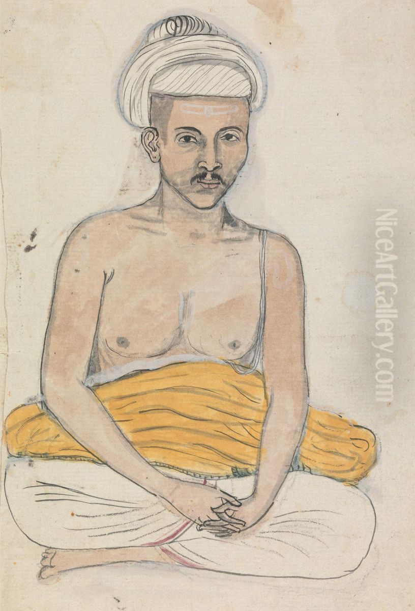 Man with a Yellow Cloth across his Lap Oil Painting by Gangaram Chintaman Tambat