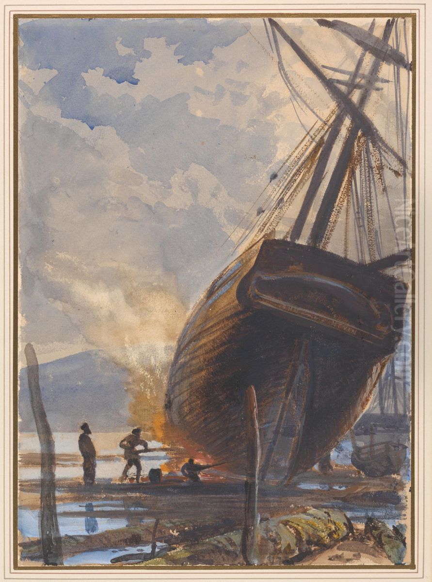 Caulking the Schooner, Falmouth Harbour Oil Painting by Joseph Severn