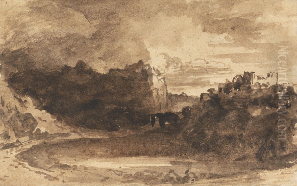 Romantic Landscape with Cliffs and a Castle Oil Painting by John Varley