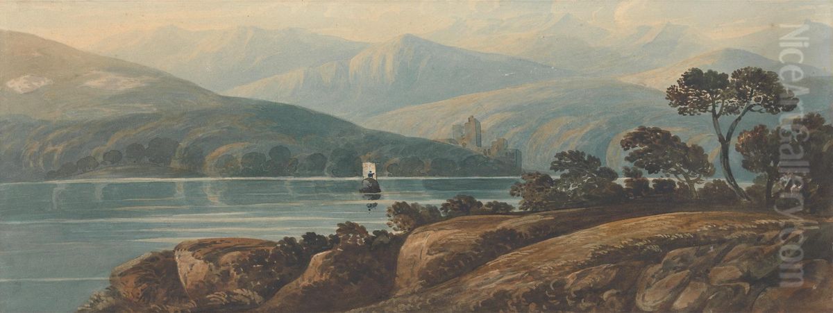 Landscape in Wales with Castle, Lake, and Rocky Foreground Oil Painting by John Varley