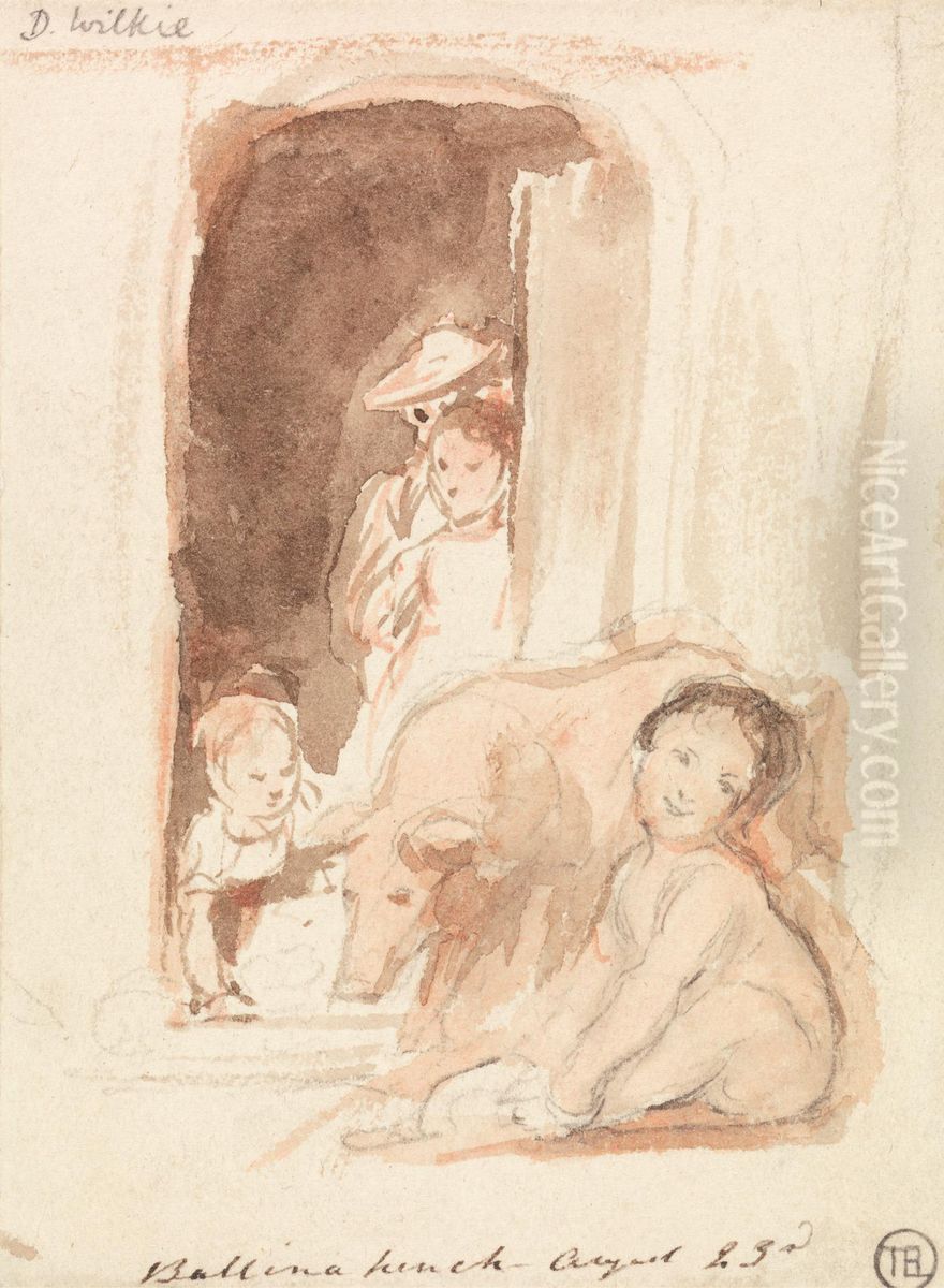 Children with Pig at a Doorway in Ballynahinch, Ireland Oil Painting by David Wilkie