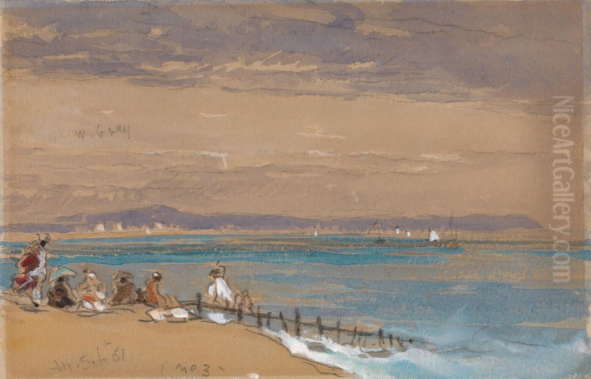 Beach Scene with Figures by a Breakwater Oil Painting by James Holland