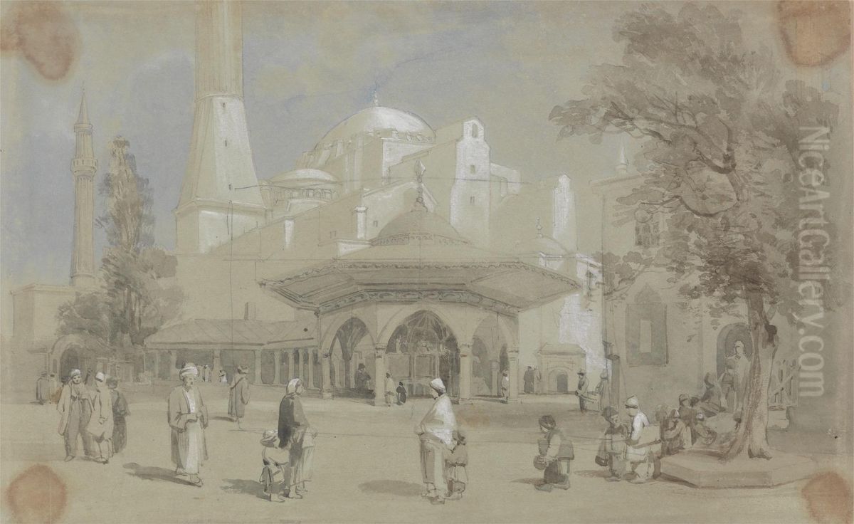 View of Hagia Sophia Mosque and Shadirvan Fountain, Istanbul Oil Painting by Sir Charles D'Oyly, 7th Baronet
