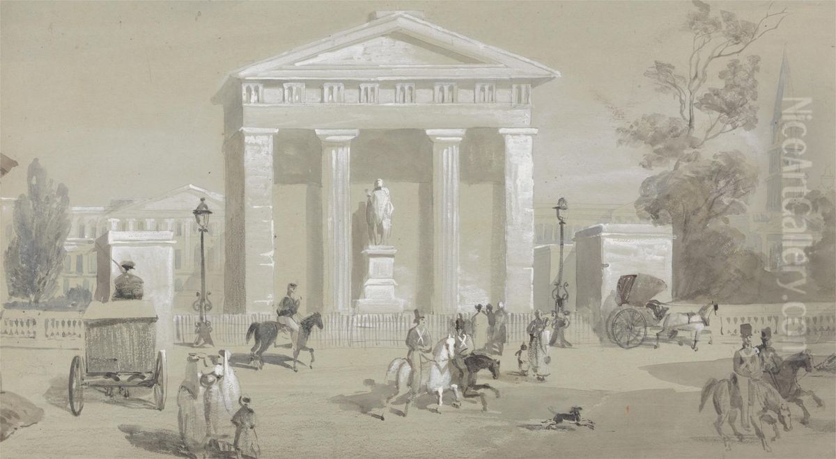 Statue of the Marquis of Hastings in Tank Square - Calcutta Oil Painting by Sir Charles D'Oyly, 7th Baronet