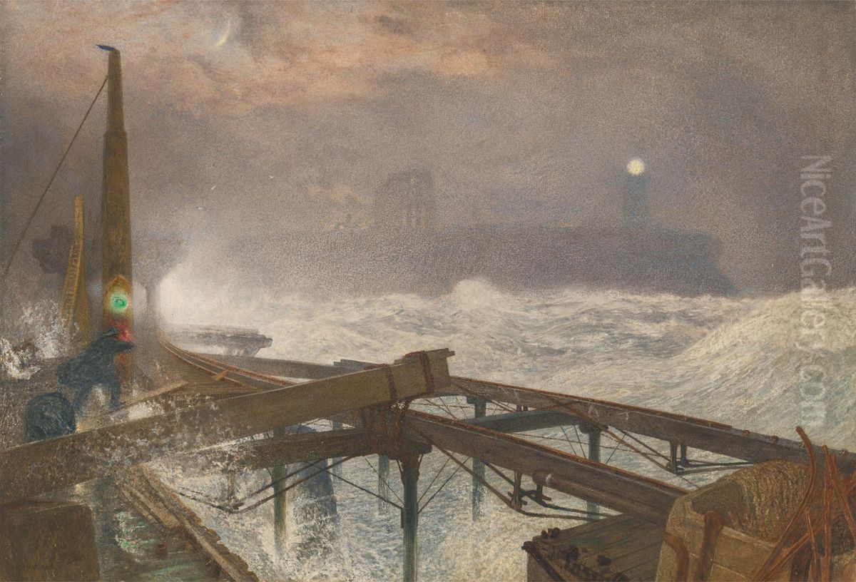 Tynemouth Pier - Lighting the Lamps at Sundown Oil Painting by Alfred William Hunt