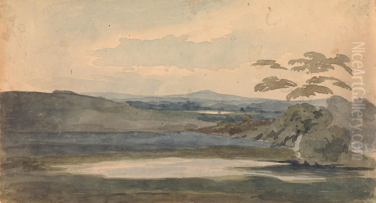 Landscape with Trees and Mountains, Lake in Foreground Oil Painting by Thomas Sully