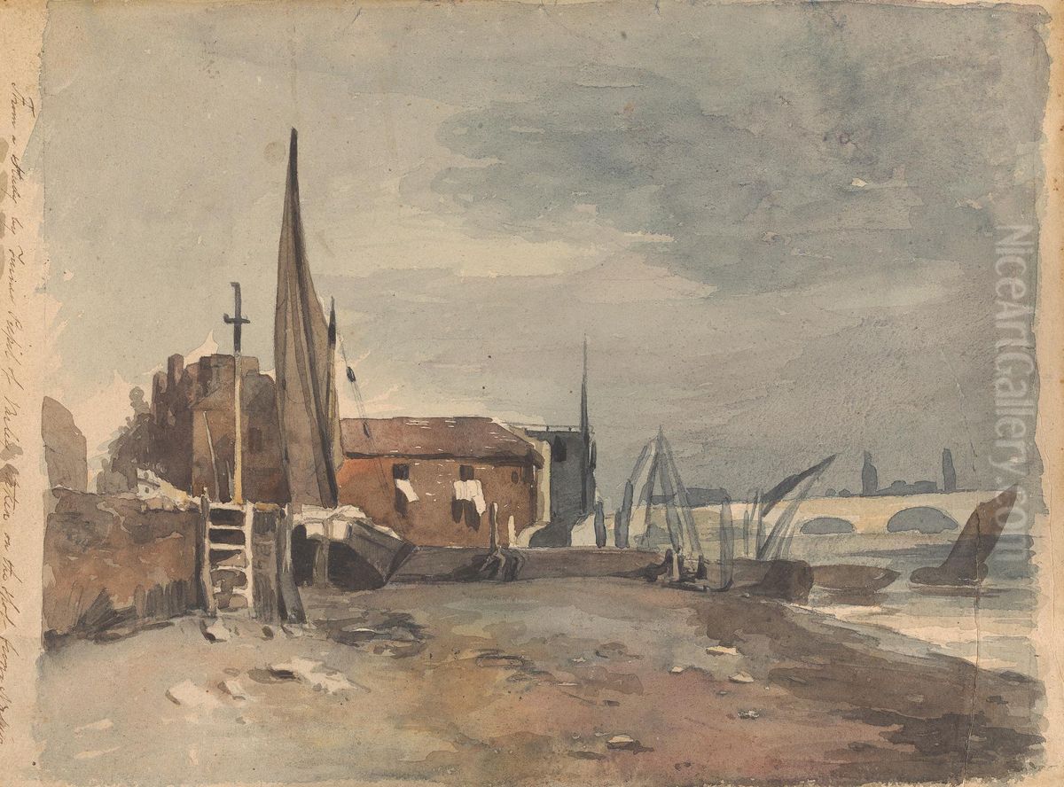 Shore Scene with Buildings and Boats Oil Painting by Thomas Sully