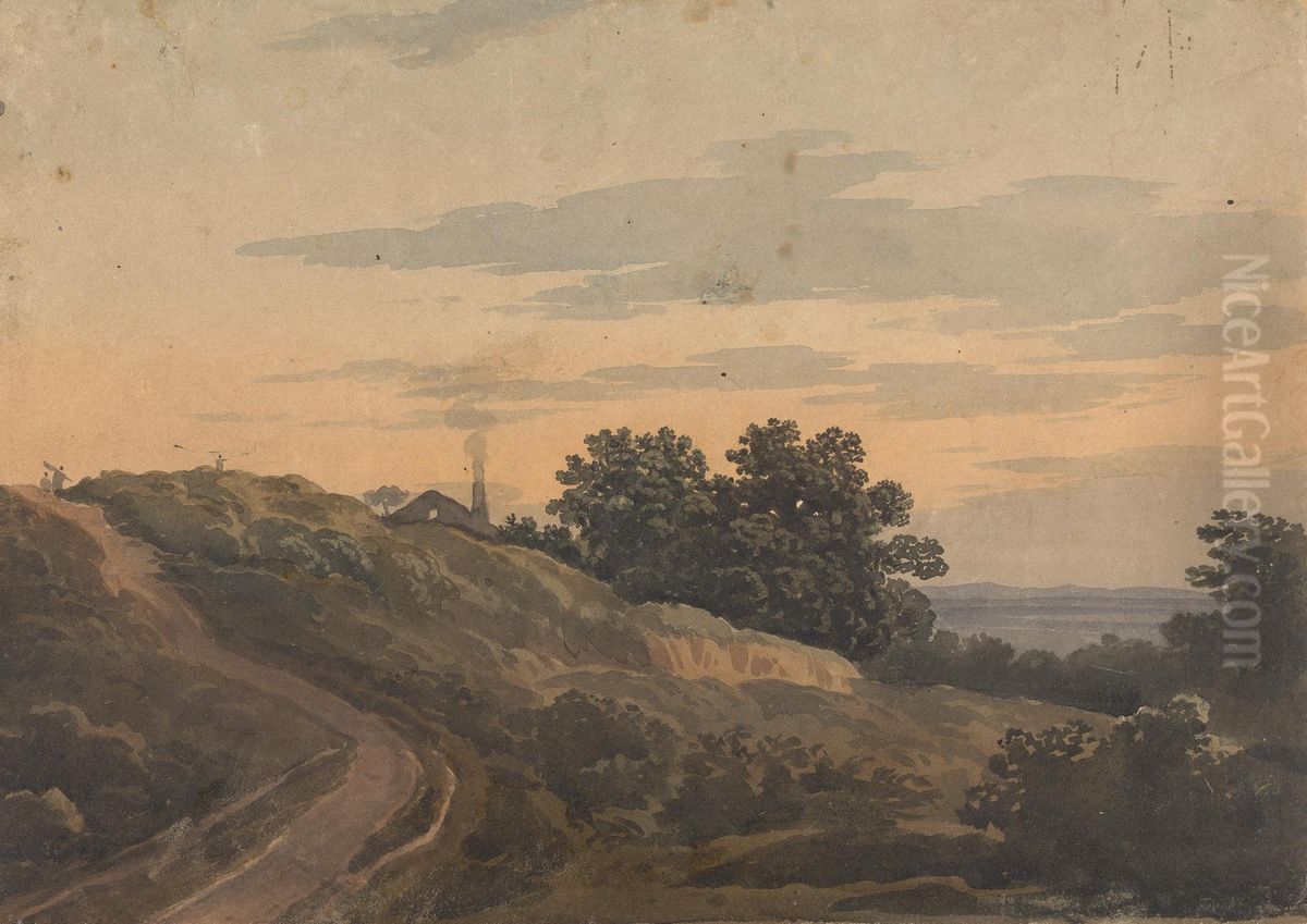 Hilly Landscape with House, Path, and Figures Oil Painting by Thomas Sully