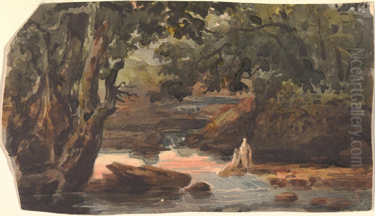 Two Figures in Stream, Bordered by Large Trees Oil Painting by Thomas Sully