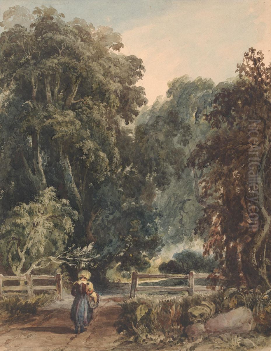 Girl on Lane, Entering Wooded Area Oil Painting by Thomas Sully