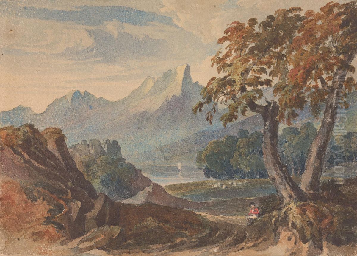 Landscape with Mountains, Lake Castle, Seated Figure in Foreground Oil Painting by Thomas Sully