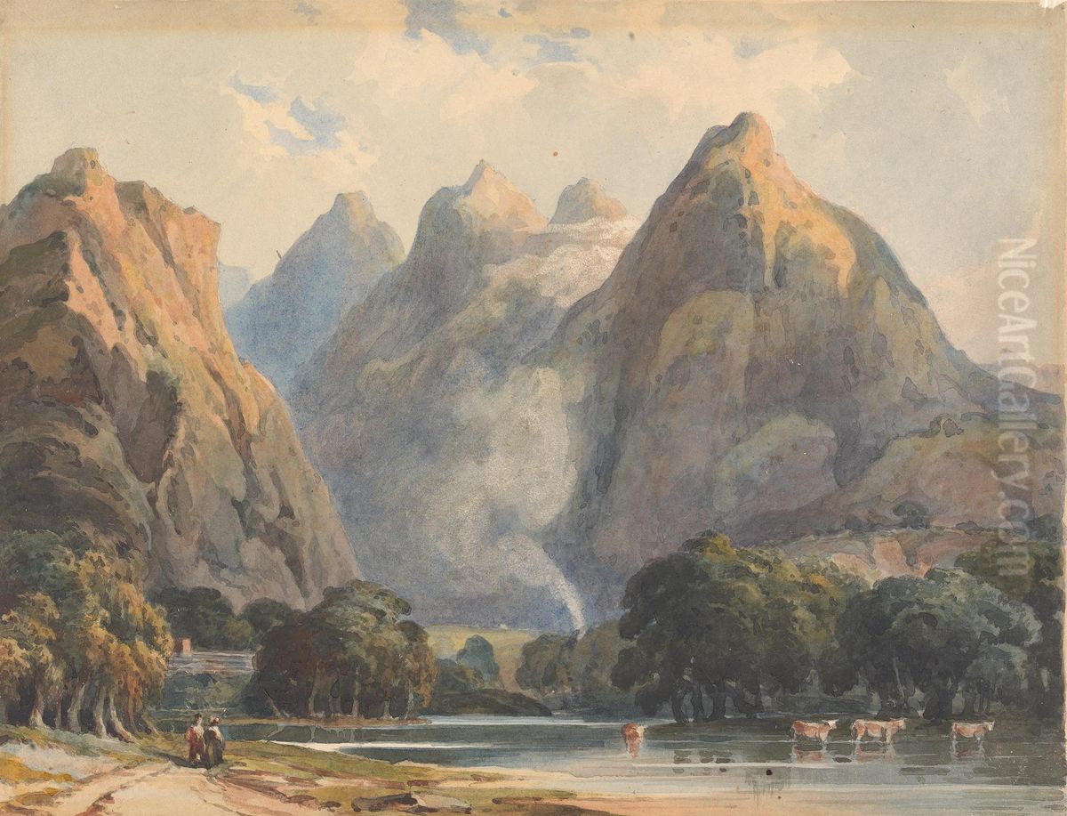 Mountain Scene with Stream, Cows and Figures Oil Painting by Thomas Sully