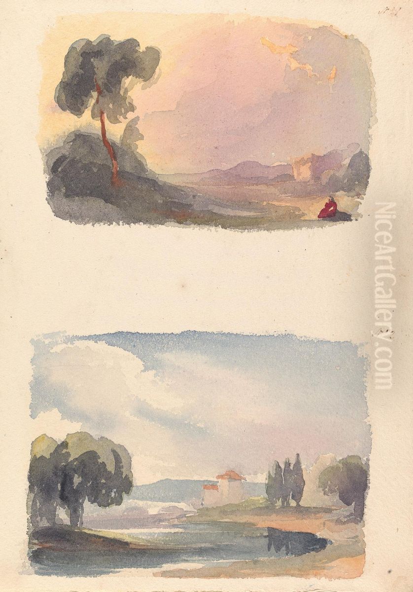 Landscape with Mountains in Distance and Seated Figures in Foreground (no. 1); Landscape with River and Building, Mountains in Distance (no. 2) Oil Painting by Thomas Sully