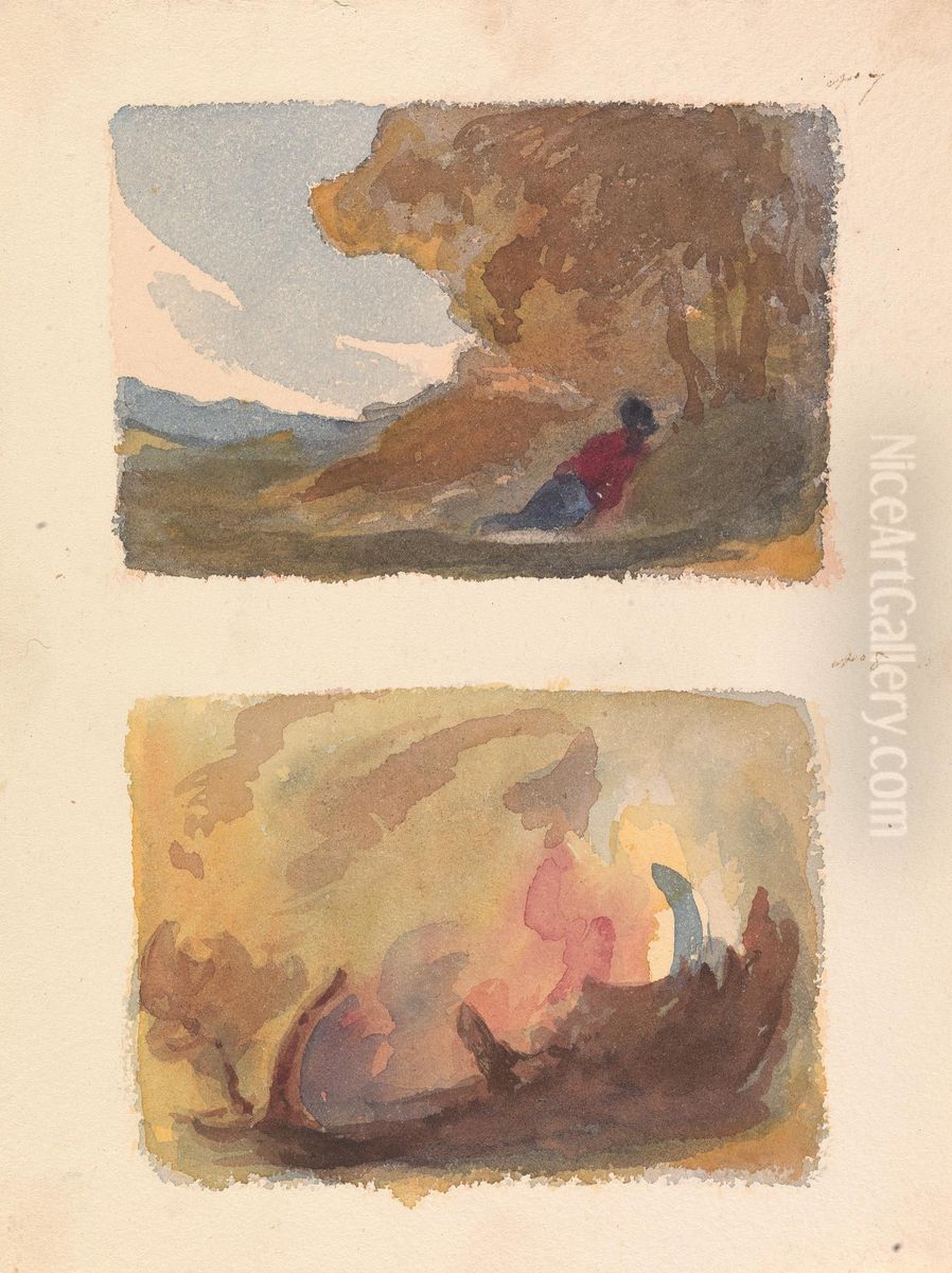 Landscape with Figure Reclining Against Hill - Titian and Venetian School (no. 7); Landscape - Variety of Watercolor Washes (no. 8) Oil Painting by Thomas Sully