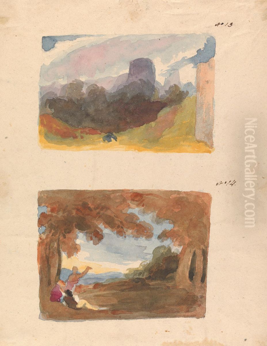 Landscape with Castle - Modern Manner (no. 13); Landscape with Figures in Foreground (no. 14) Oil Painting by Thomas Sully