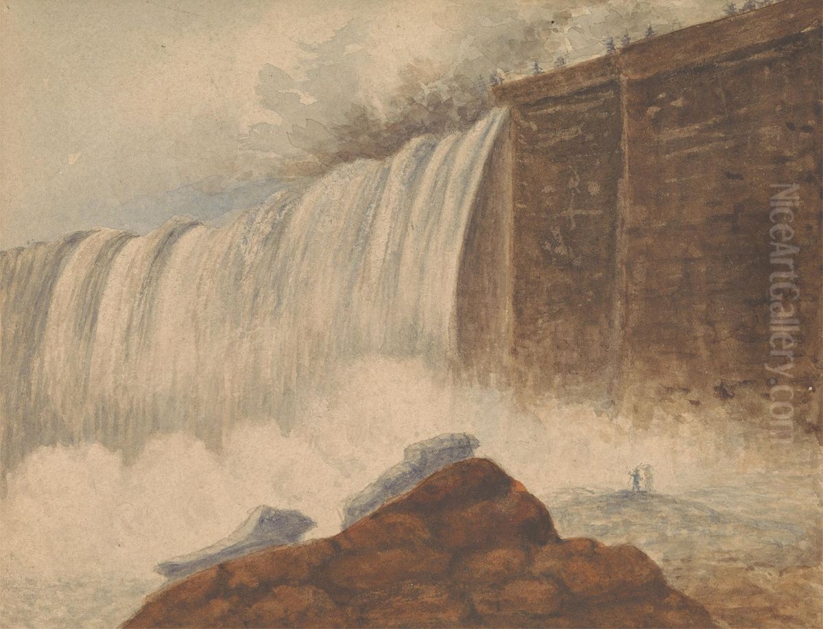 View of Niagara Falls with Two Figures on Rock in Right Foreground Oil Painting by Isaac Weld