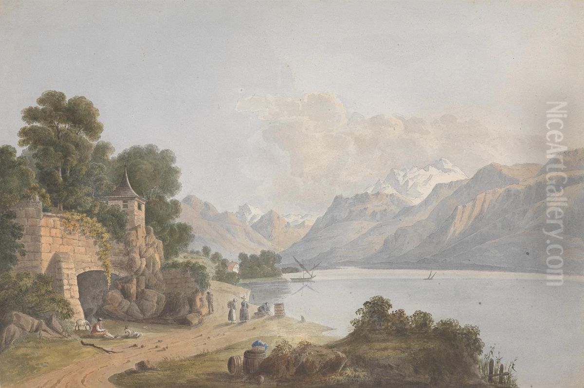 Mountainous Landscape with Lake, Gate and Figures Oil Painting by Isaac Weld