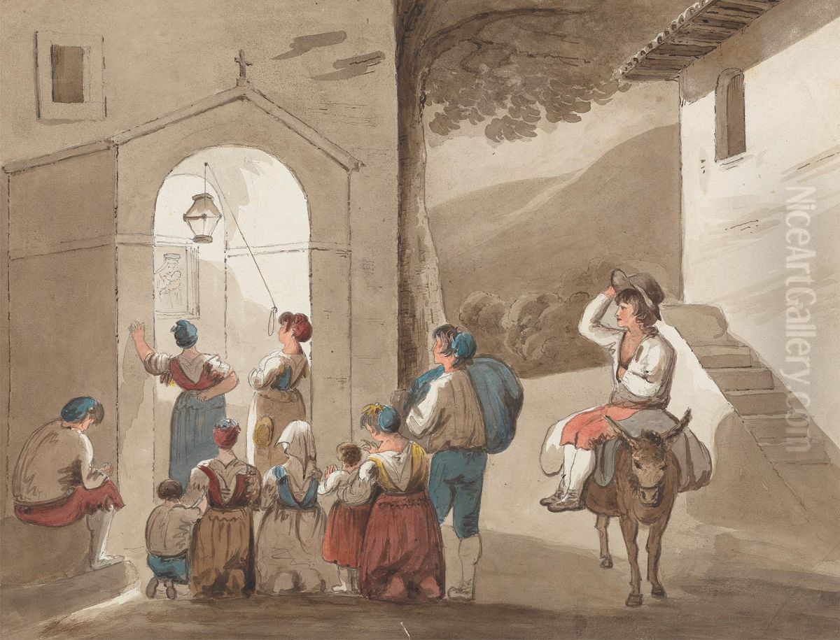 After Pinnelli - Group of Peasants Outside a Church Oil Painting by Isaac Weld