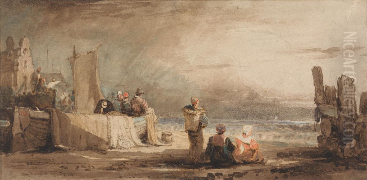 Figures on a Beach Oil Painting by Samuel Prout