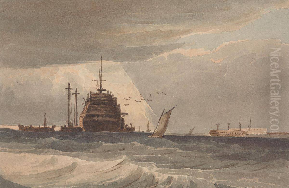 Boats Loading or Unloading a Large Hulk, Small Craft Nearby Oil Painting by Samuel Prout