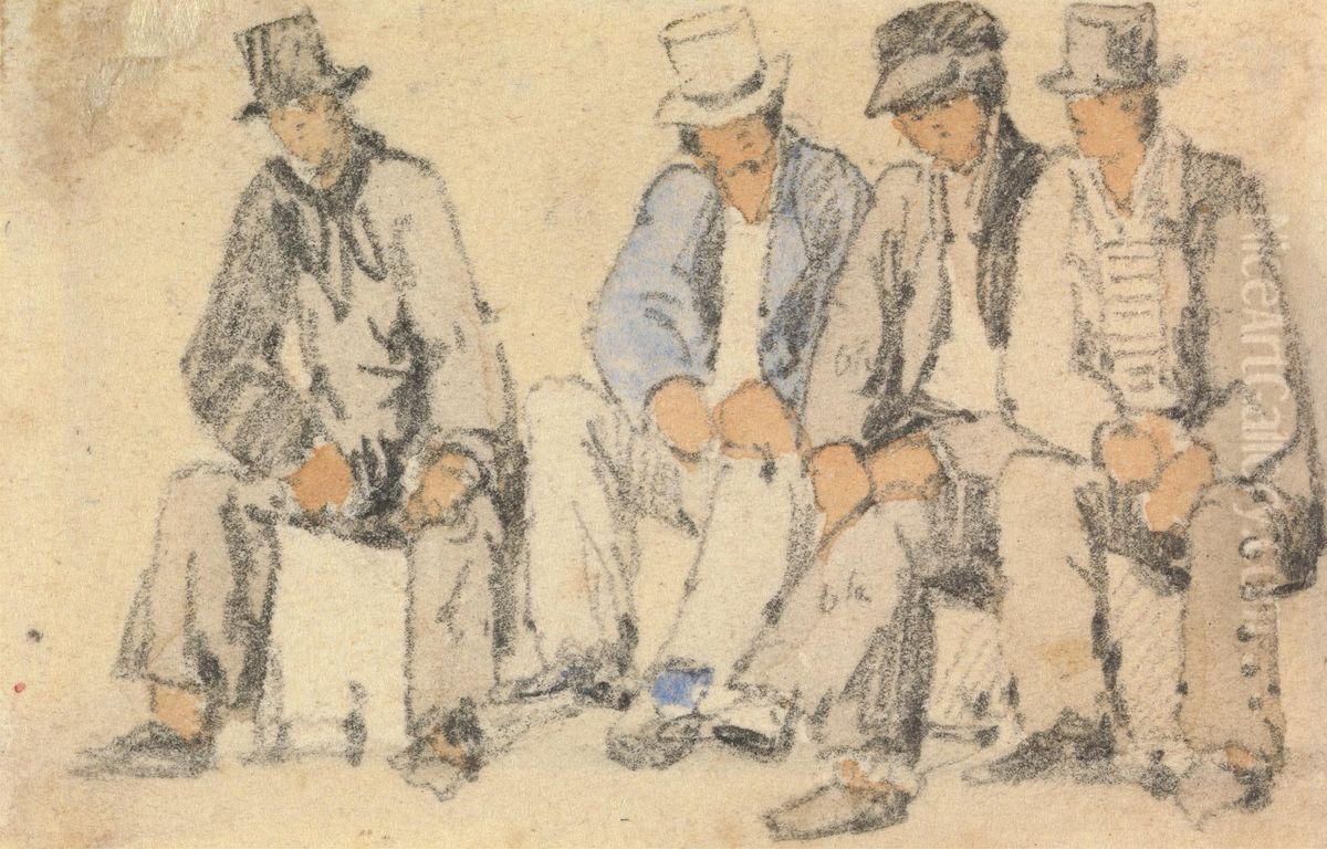 Group of Four Seated Men Oil Painting by Samuel Prout