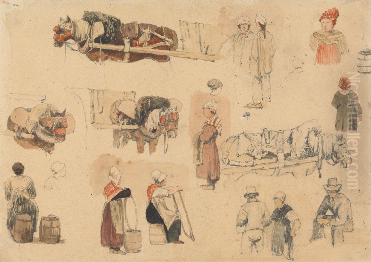 Sketches of Peasants and Work-Horses Oil Painting by Samuel Prout