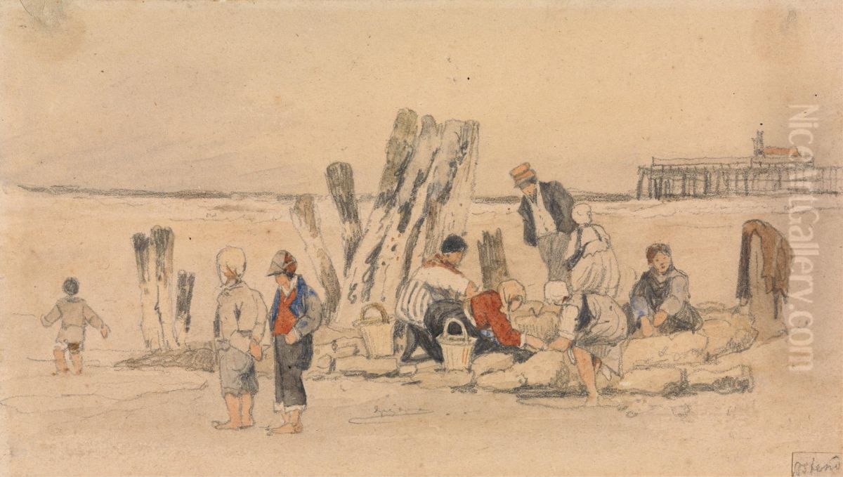 Fisherfolk on the Beach, Ostend Oil Painting by Samuel Prout