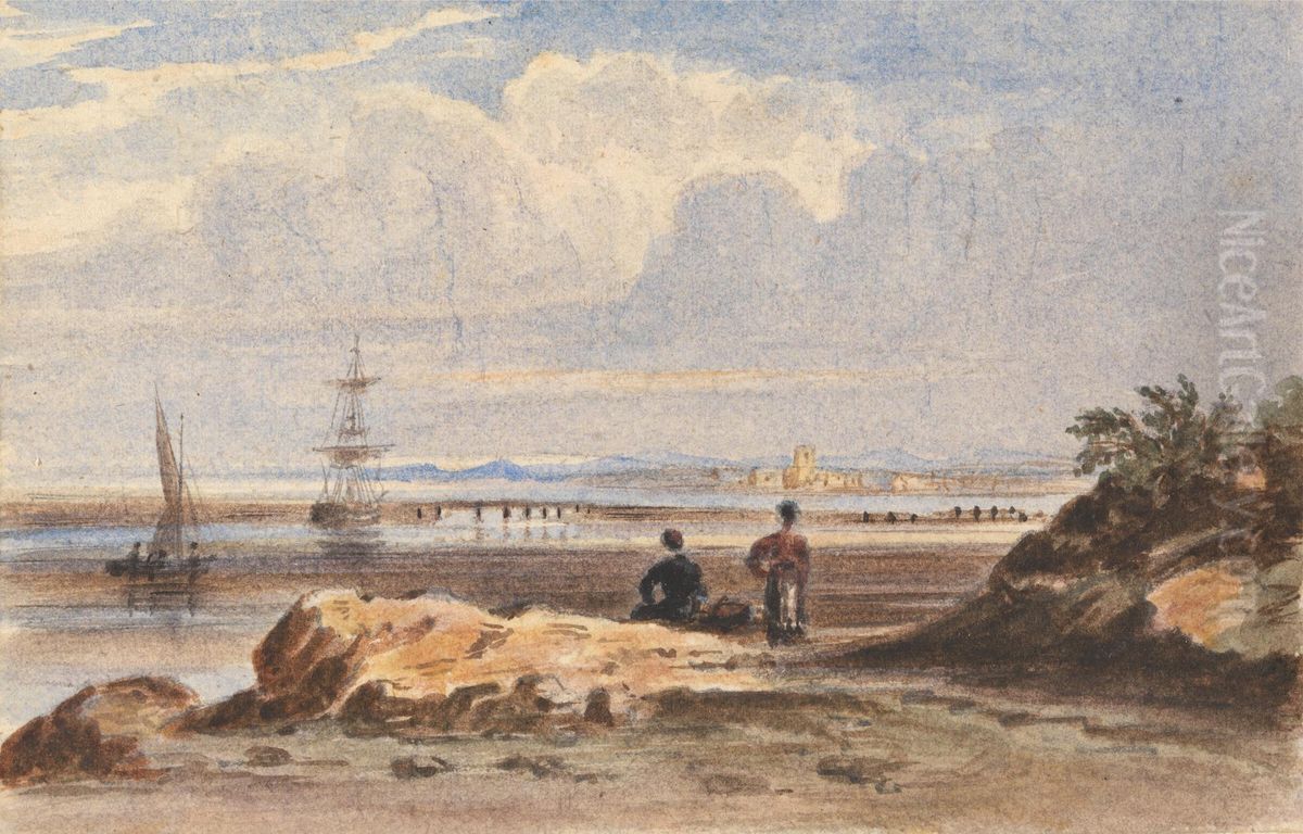 Seashore with Two Figures and a Distant Town Oil Painting by John Varley