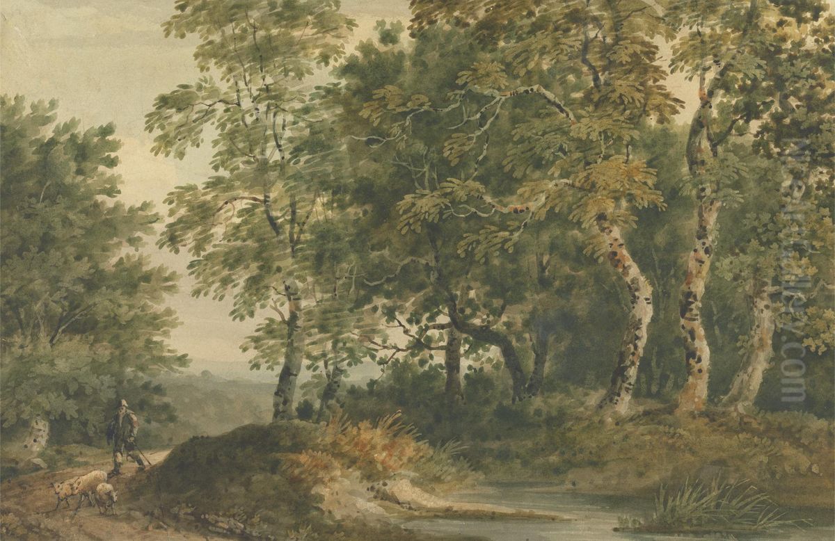 Landscape with a Man Driving Sheep Oil Painting by Thomas Barker