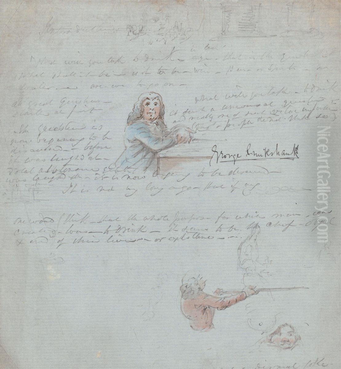 a Man at a Table, a Man Pointing a Stick and Other Slight Sketches Oil Painting by George Cruikshank I