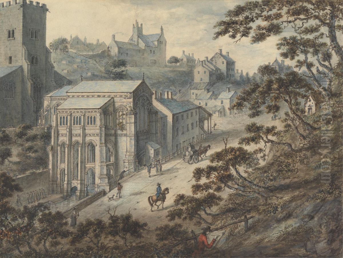 St. Winifred's Well, Holywell, Flintshire, Wales with the Artist in the Foreground... Oil Painting by Edward Edwards