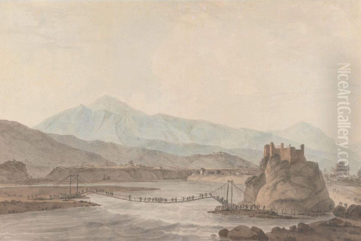 The Rope Bridge At Sirinagur Oil Painting by Thomas Daniell