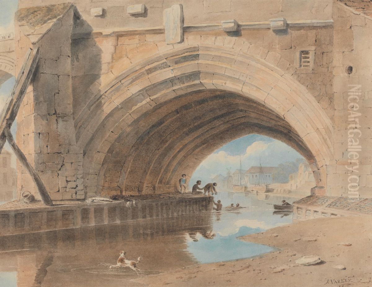Under the Ouse Bridge, Bathing Oil Painting by John Varley