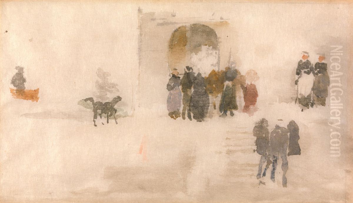 Figures Outside a Doorway, possibly painted in Brittany Oil Painting by James McNeill Whistler