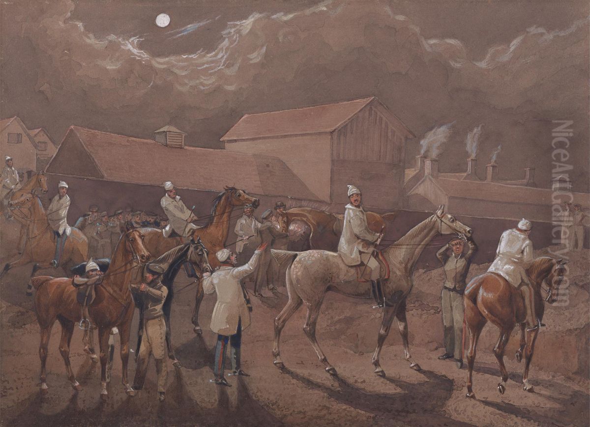 Preparing to Start. Ipswich, the Watering Place behind the Barracks Oil Painting by Henry Thomas Alken