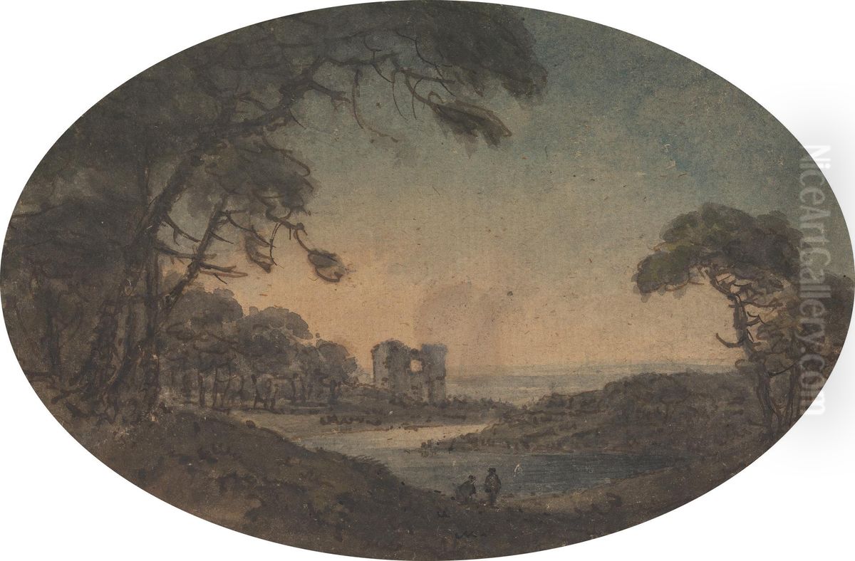 Landscape with Two Men and a Castle Ruin on the Riverbank Oil Painting by William Gilpin