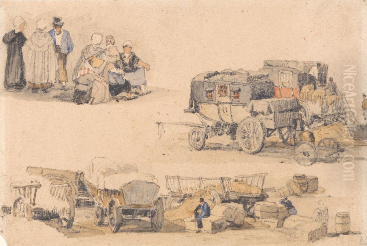 Studies of Peasants, Diligences, and Hay Wagons Oil Painting by Samuel Prout