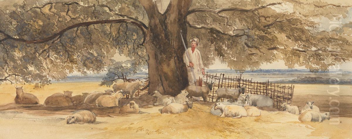A Shepherd with Flock Beneath a Large Tree Oil Painting by Arthur J. Stark