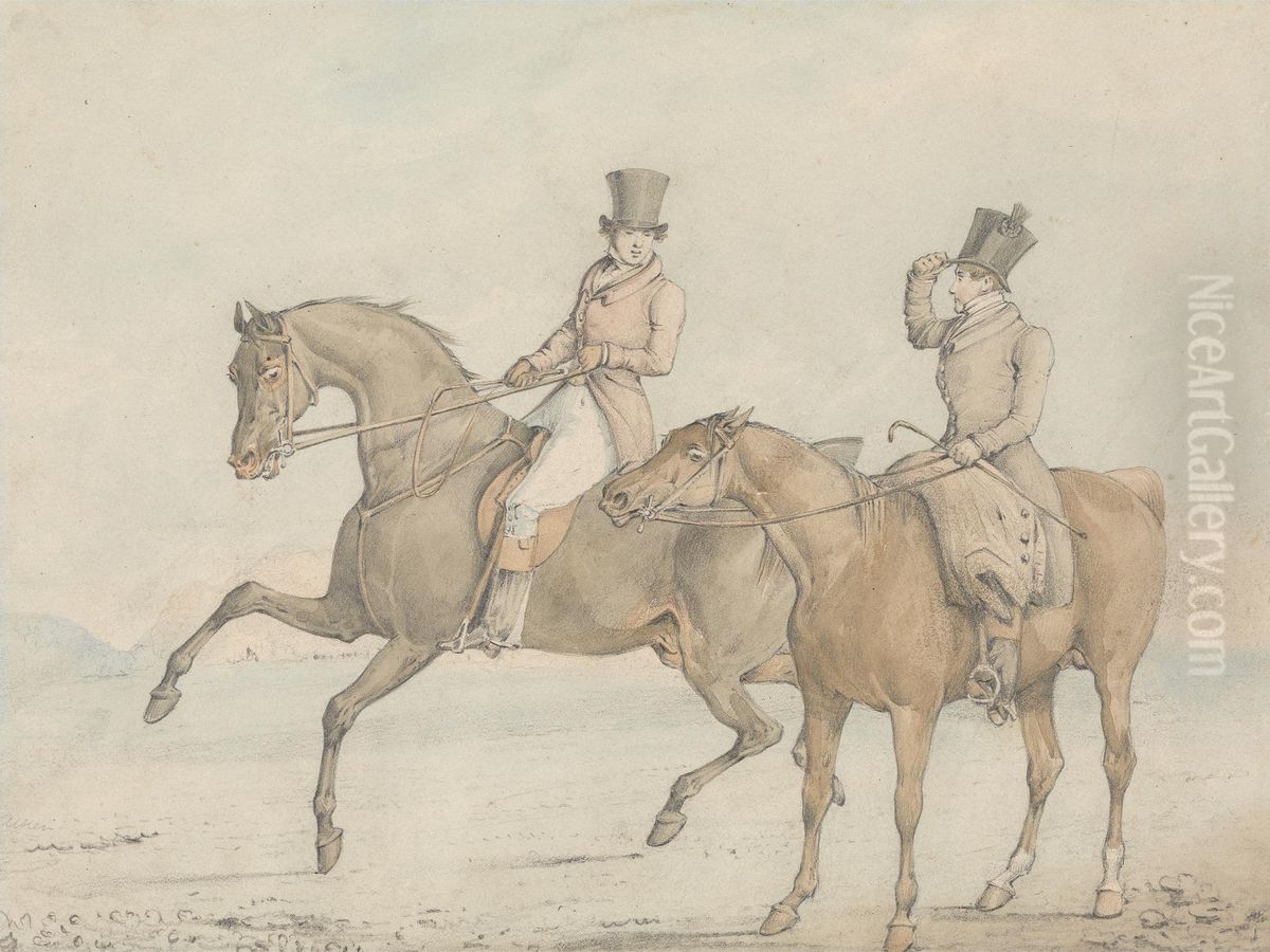 A Gentleman Riding With a Groom, and Coversing Oil Painting by Henry Thomas Alken
