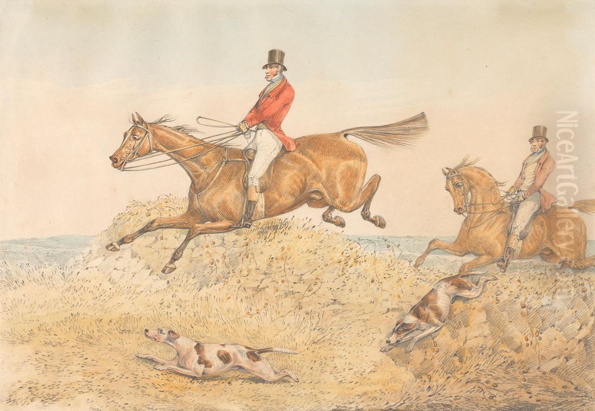 Two Riders and a Couple of Hounds Clearing a Wall Oil Painting by Henry Thomas Alken