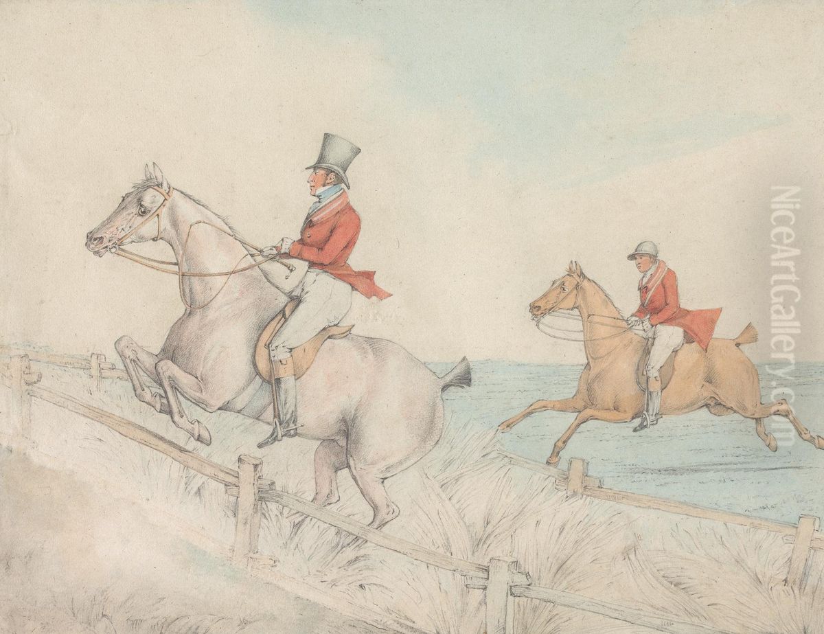 Two Riders Taking a Double Fence Oil Painting by Henry Thomas Alken