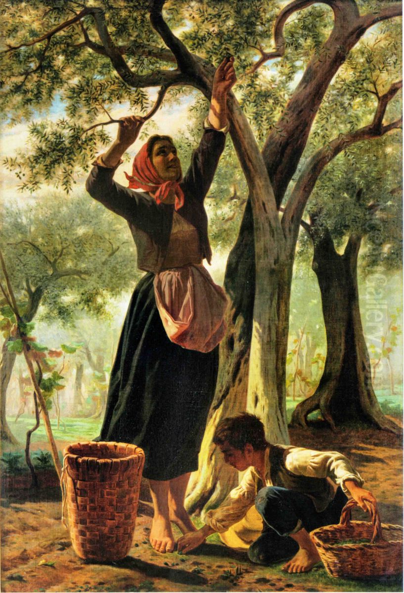 Olive picker with boy Oil Painting by Luigi Bechi