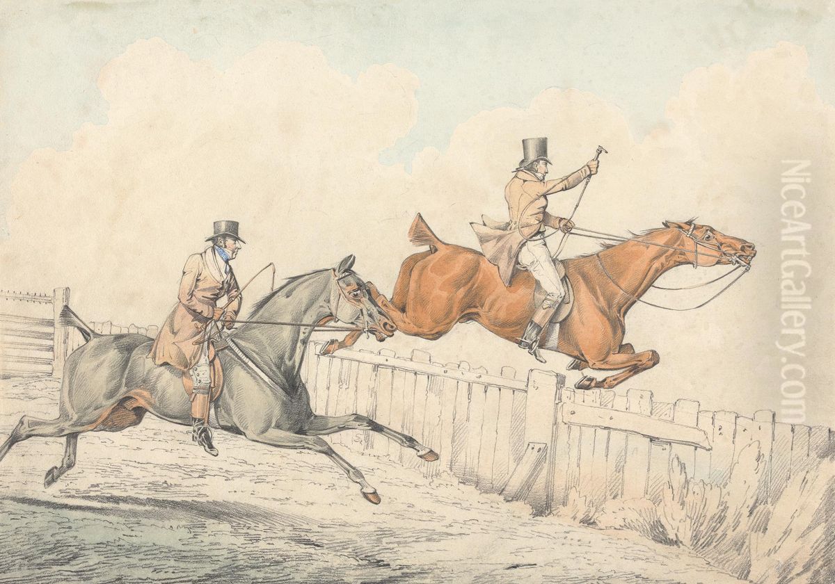 Two Riders Jumping a Wooden Fence Oil Painting by Henry Thomas Alken